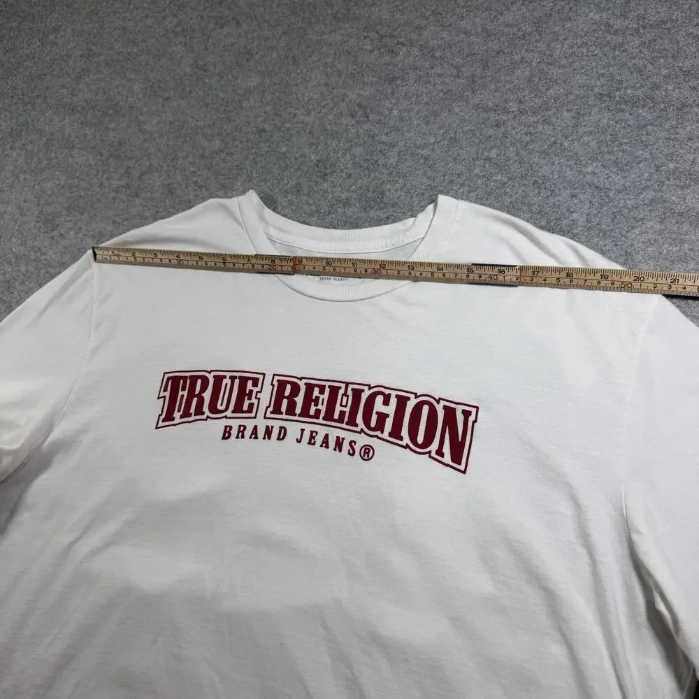 True Religion T Shirt Mens 3XL White Red Horseshoe Paint Logo Relaxed Fit Street